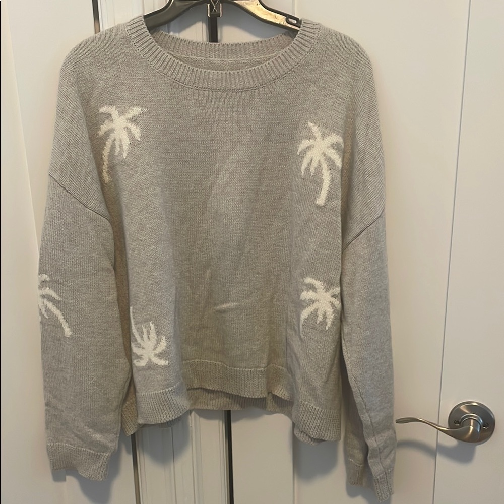 Rails Gray and White Crew Neck Sweater with Tropical Design